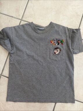 Warner bros. Kids Grey Striped Pocket Tee with Cartoon Characters